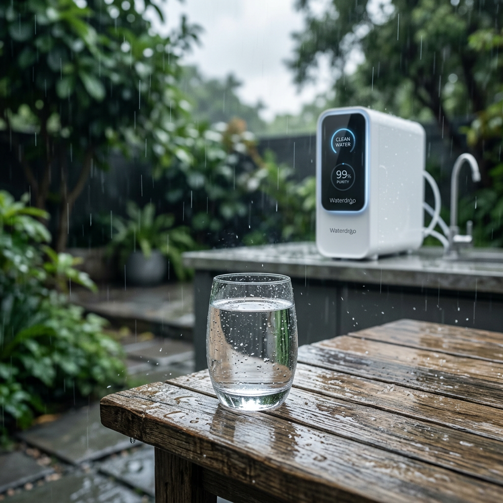 A cinematic shot of a modern glass of crystal clear water standing on a wooden table outdoors during a light rain shower, with a high-tech Waterdrop filtration system blurred in the background, 8k resolution, professional lighting