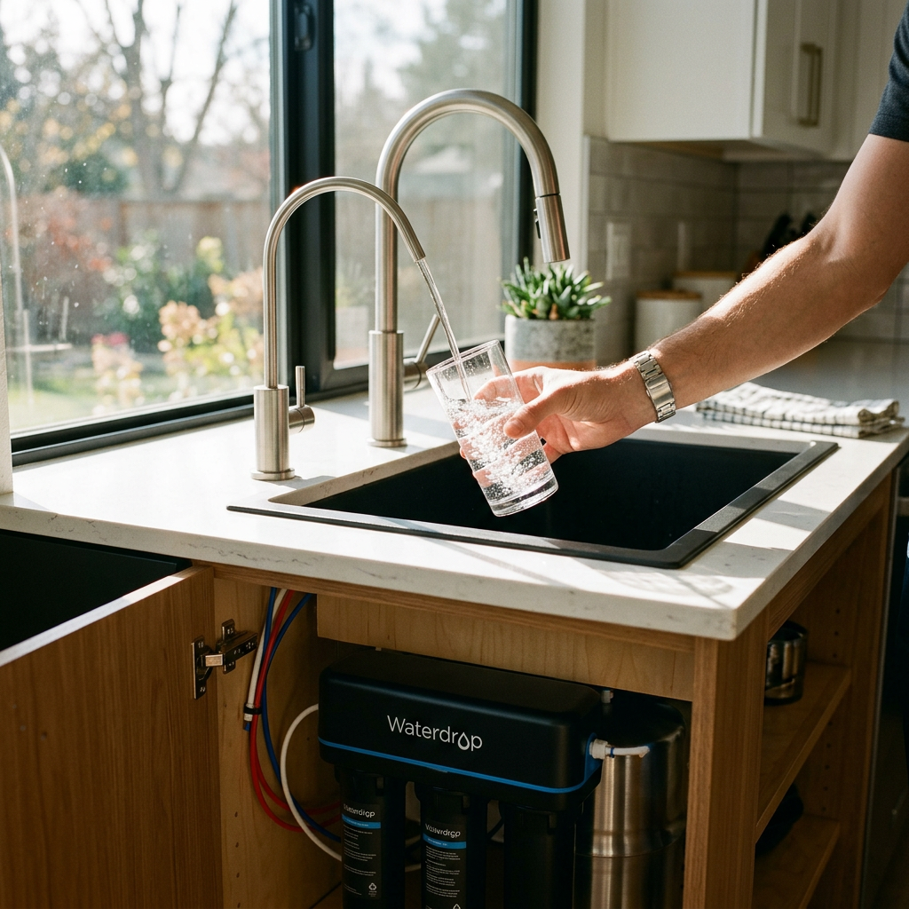 A cinematic shot of a modern kitchen with a sleek Waterdrop RO system installed under the sink, with a glass of crystal clear water being filled, sunlight hitting the glass