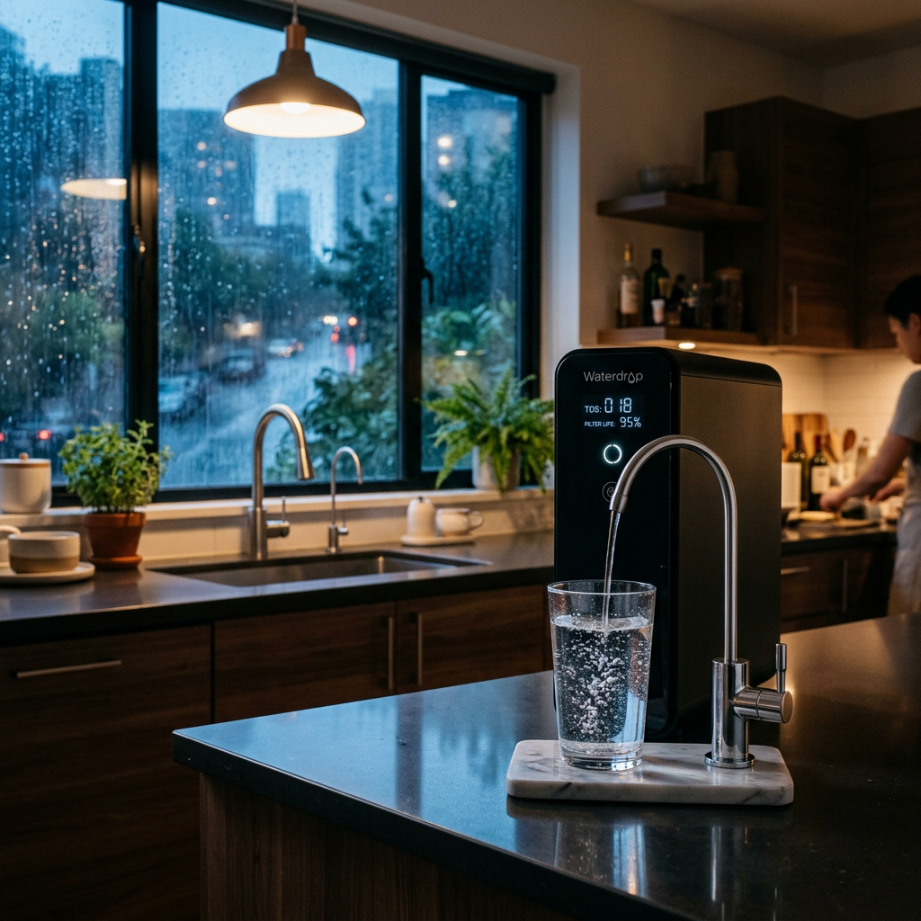 A cinematic shot of a modern kitchen with a sleek Waterdrop filtration system installed, emphasizing clean glass of water and a rainy window in the background