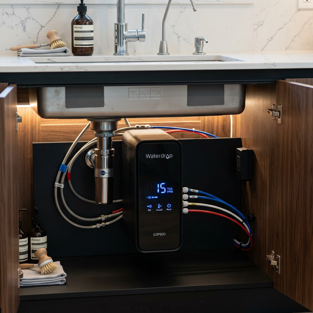 Close-up of a sleek, black Waterdrop G3P800 Reverse Osmosis system under a modern kitchen sink, showing the digital TDS display glowing blue, high-end interior design style