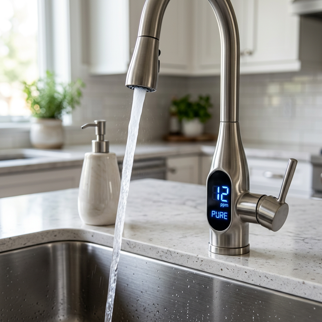 Close-up of a smart LED faucet showing a low TDS reading, symbolizing pure filtered water, high-end kitchen setting