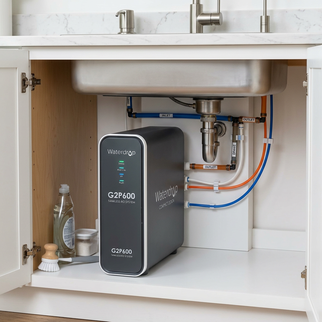 Close-up of a sleek, tankless Waterdrop G2P600 system under a clean cabinet, highlighting its space-saving design