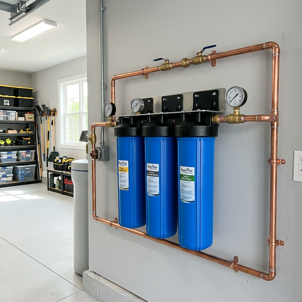 A heavy-duty three-stage whole house water filtration system mounted on a garage wall, connected to professional copper plumbing, blue filter housings, bright and clean environment