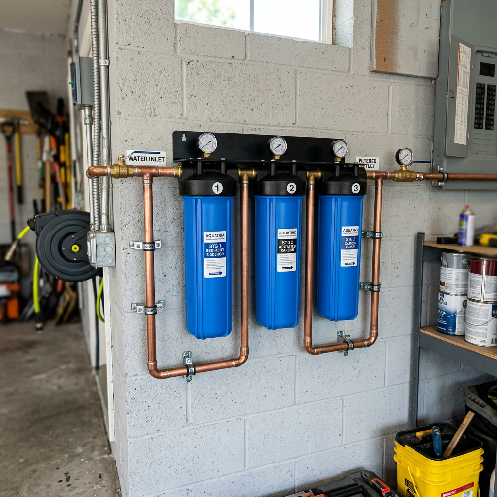 A heavy-duty blue 3-stage whole house water filtration system mounted on a garage wall, professional plumbing installation