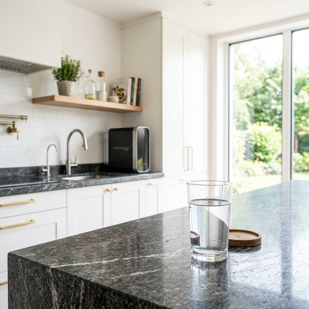 A high-end modern kitchen with a crystal-clear glass of water sitting on a granite countertop, with a subtle Waterdrop filtration system visible in the background, bright and airy lighting.