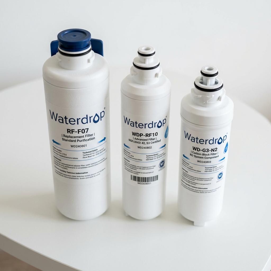 A detailed close-up of three different Waterdrop replacement filter cartridges arranged neatly on a white surface, showing the high-quality build and clean design.