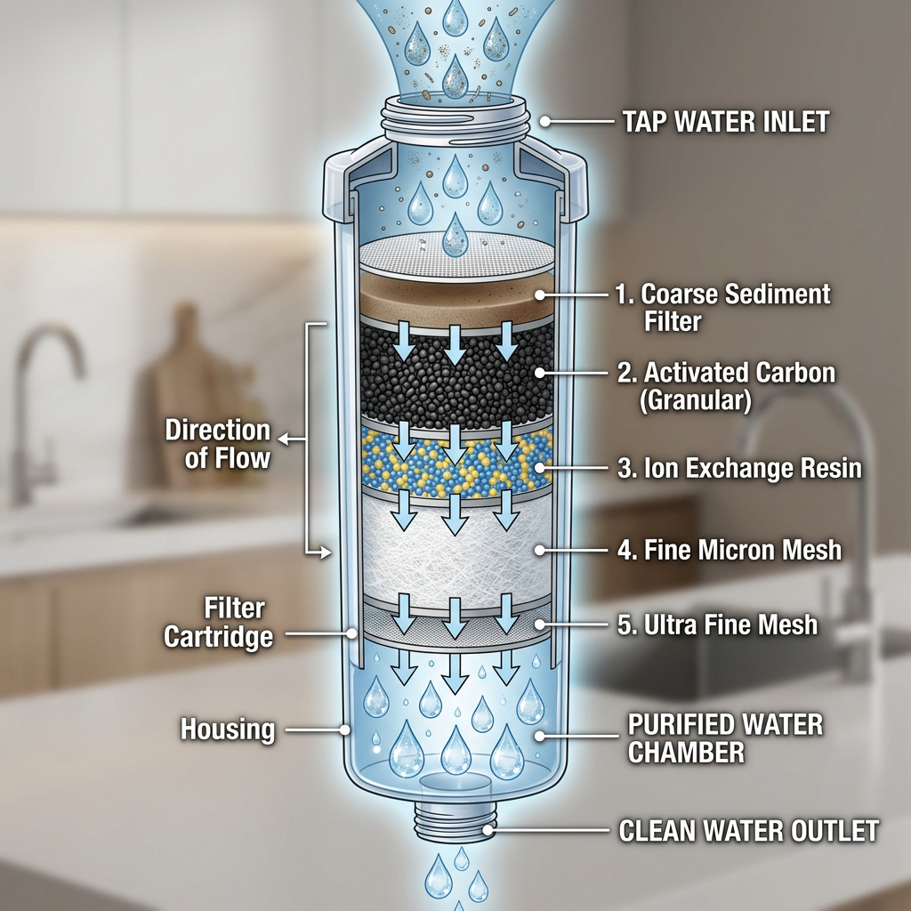 A cross-section illustration of a water filter showing multiple layers of filtration including activated carbon and a fine mesh, with water droplets passing through and becoming clear.