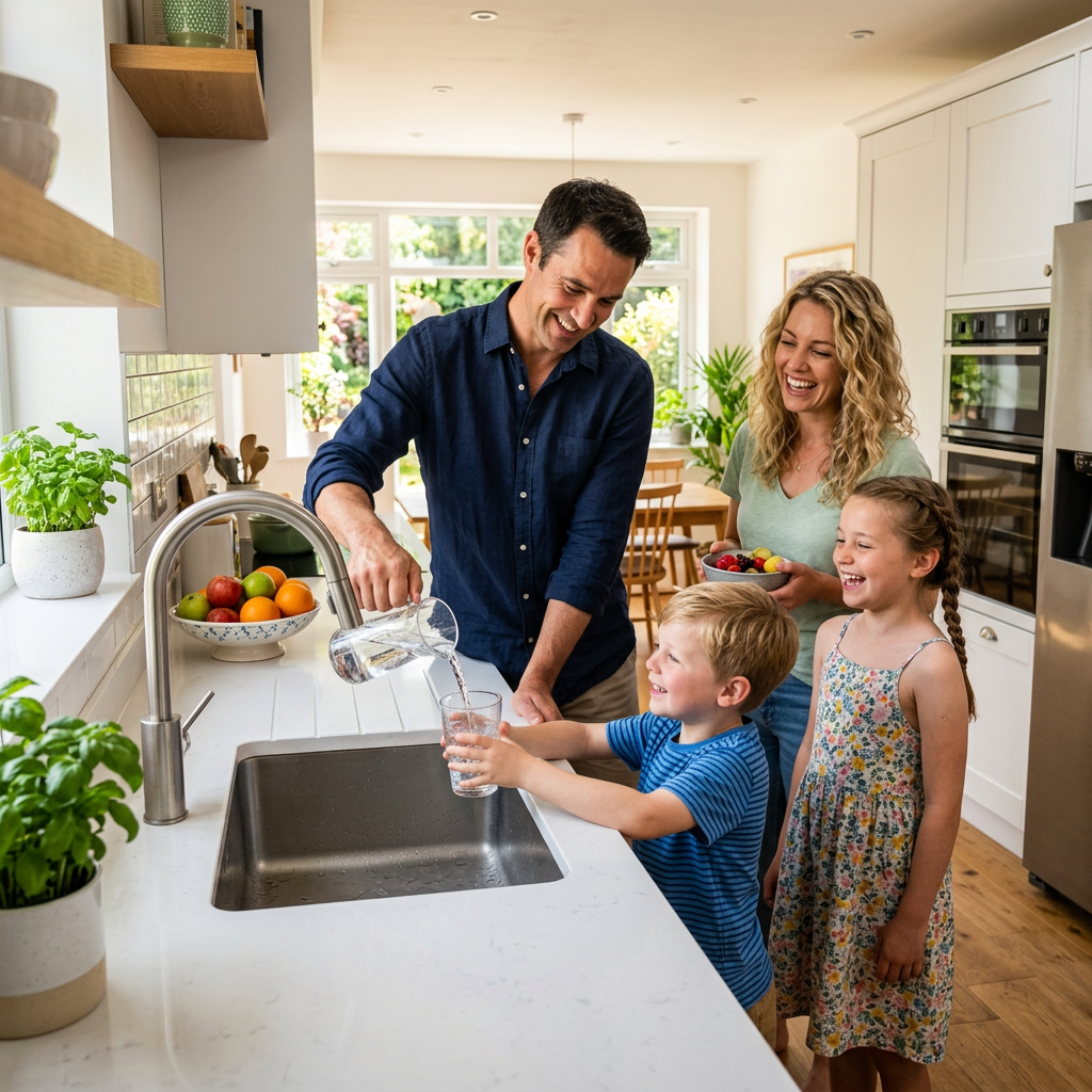 A happy family in a bright kitchen, a father pouring a glass of water for his child from a sleek faucet, everyone smiling and healthy.