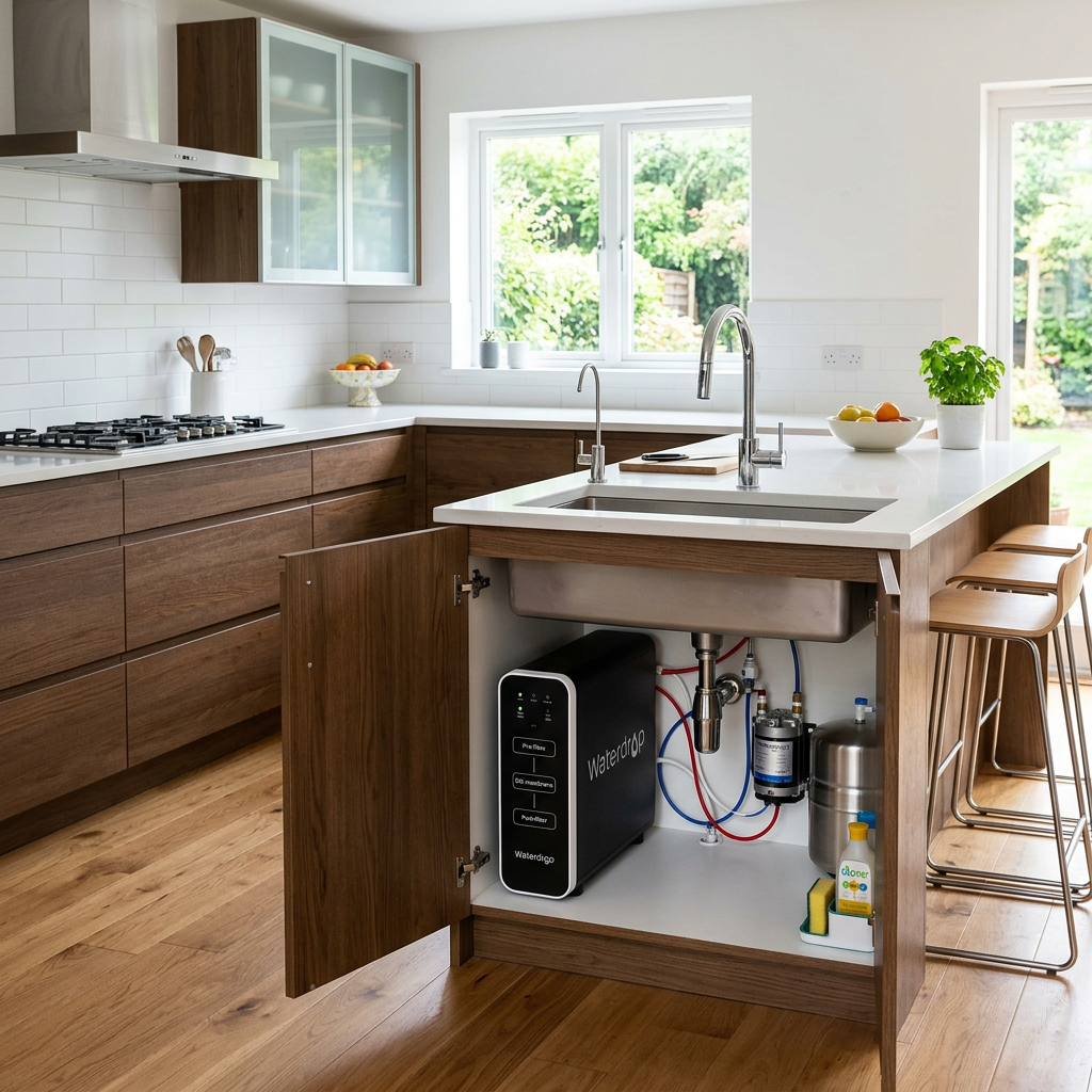 A sleek, modern kitchen with a Waterdrop under sink filter system visible inside an open cabinet, showing its compact and space-saving design.