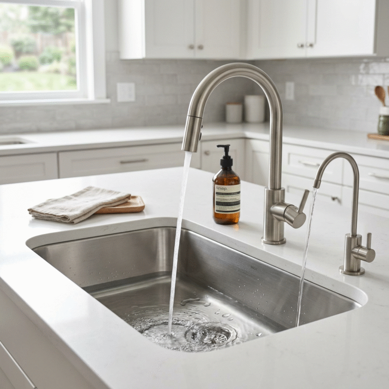 A sleek, modern kitchen sink with a dedicated brushed nickel faucet dispensing crystal clear water,