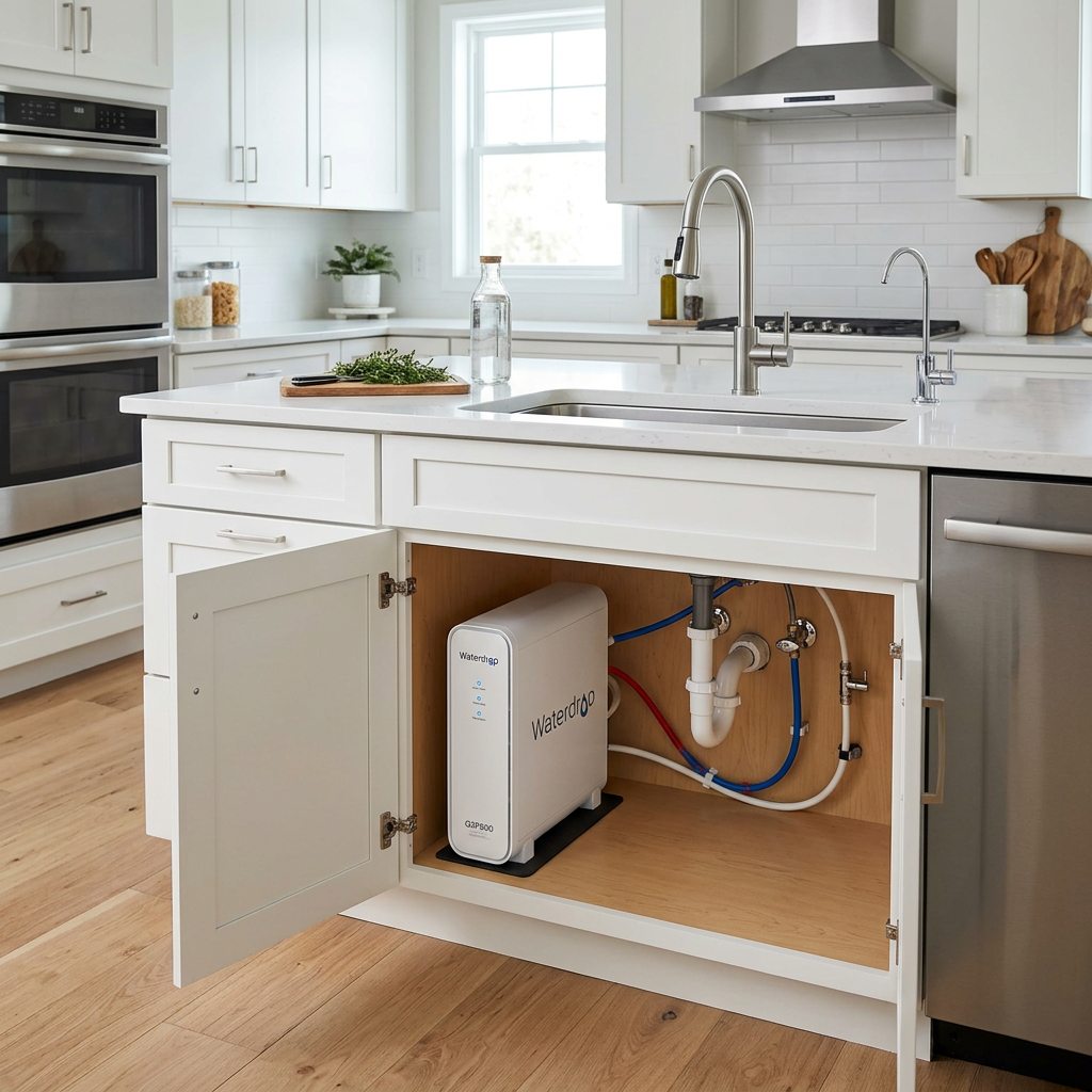A sleek, modern kitchen with a Waterdrop under sink filter system installed neatly inside a clean cabinet, showing the compact design.