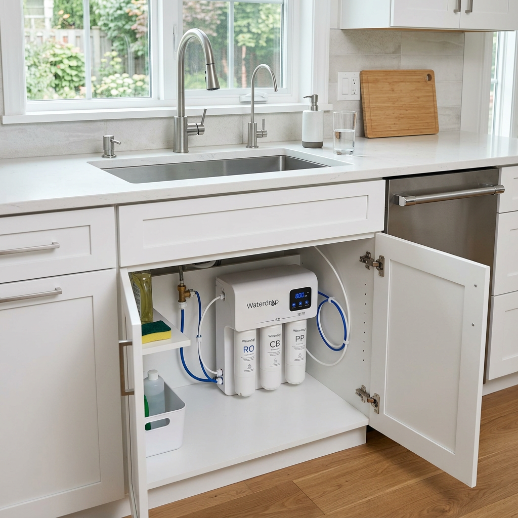 A sleek, modern kitchen with a Waterdrop under sink filter system visible under the cabinet, highlighting its compact and tankless design.