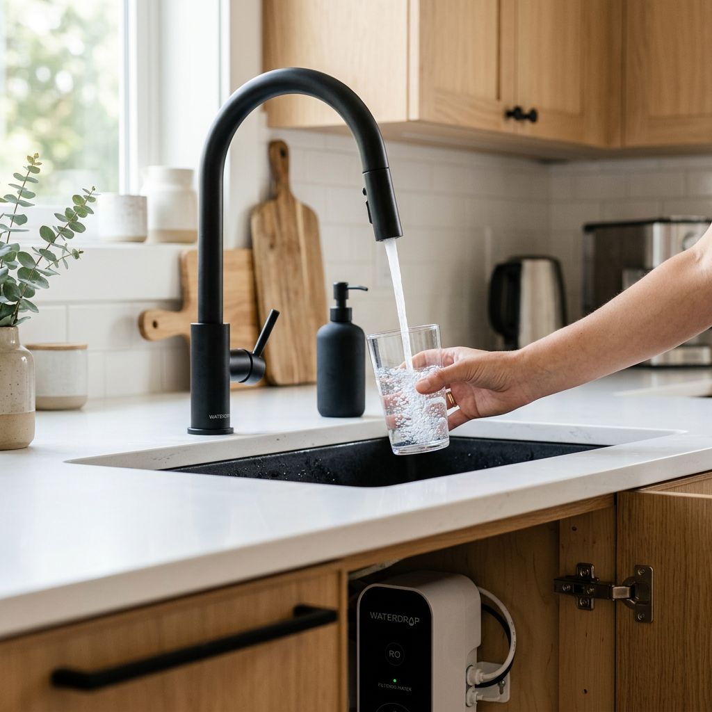 A modern, minimalist kitchen interior focusing on a sleek, matte black faucet dispensing crystal clear water into a glass, with a subtle Waterdrop RO system visible under the sink cabinet, high-end photography style.