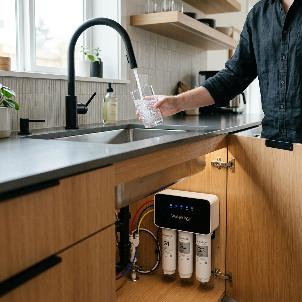 A sleek, modern kitchen with a minimalist Waterdrop under sink filter installed, showing the compact tankless design under the cabinet and a designer faucet pouring crystal clear water into a glass.
