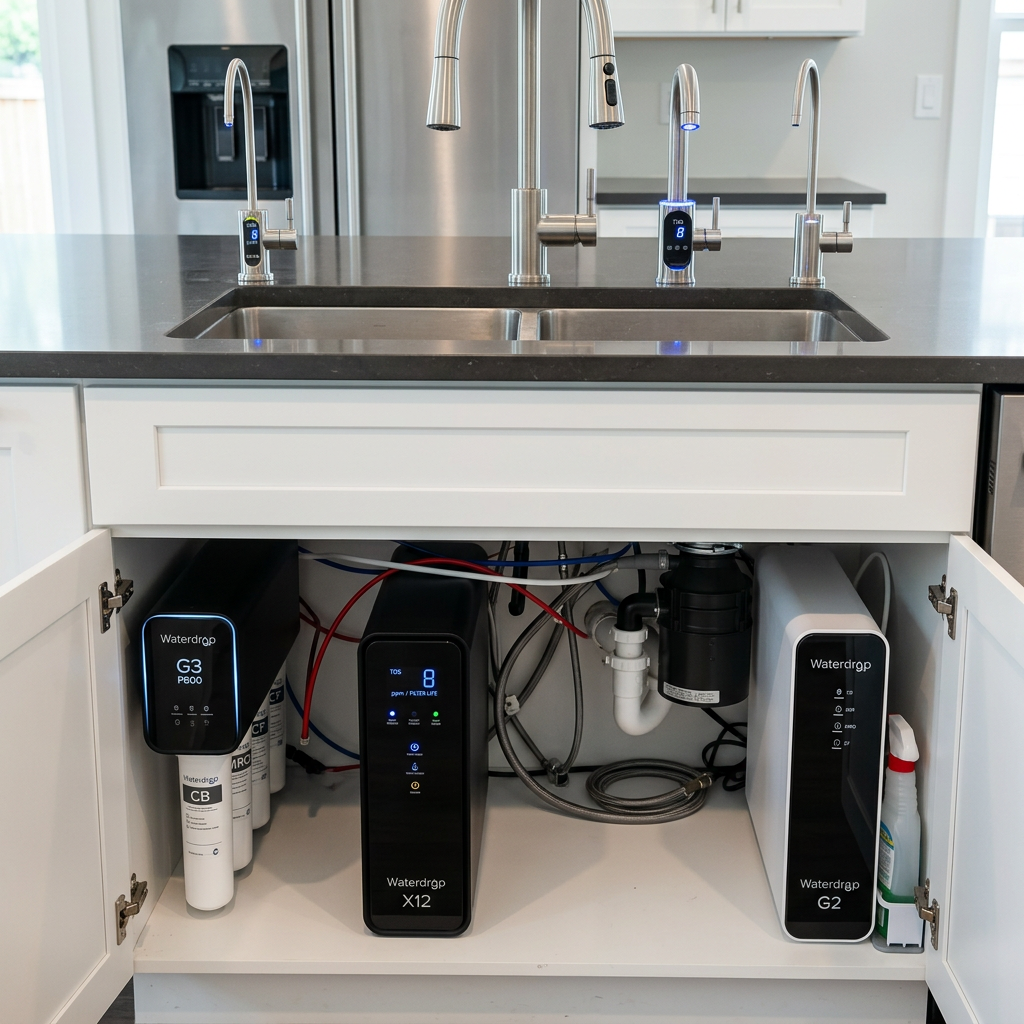 A side-by-side comparison of three sleek, tankless Waterdrop reverse osmosis systems under a modern kitchen sink, showing the compact design and smart faucets.