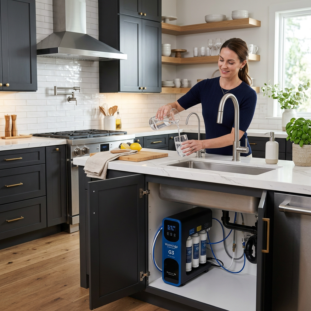 A sleek, modern kitchen with a Waterdrop under-sink RO system installed, showing pure water being poured into a glass, high-end interior design, photorealistic