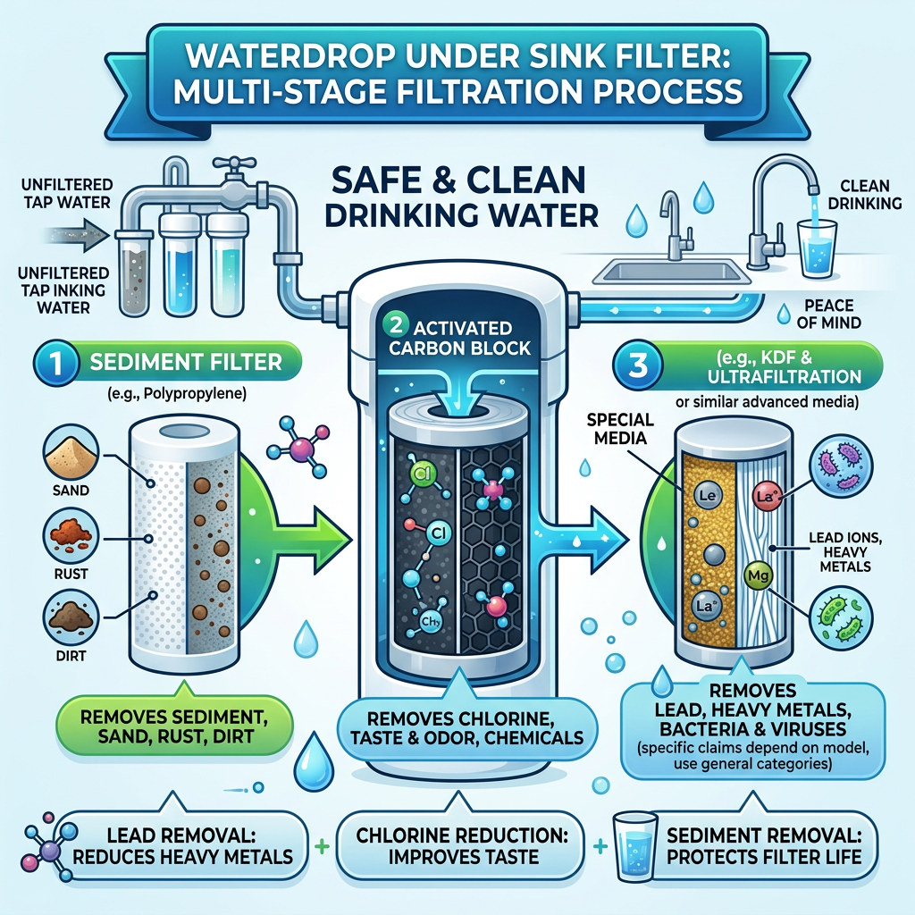 An infographic showing the multi-stage filtration process of a Waterdrop under sink filter, removing lead, chlorine, and sediment.