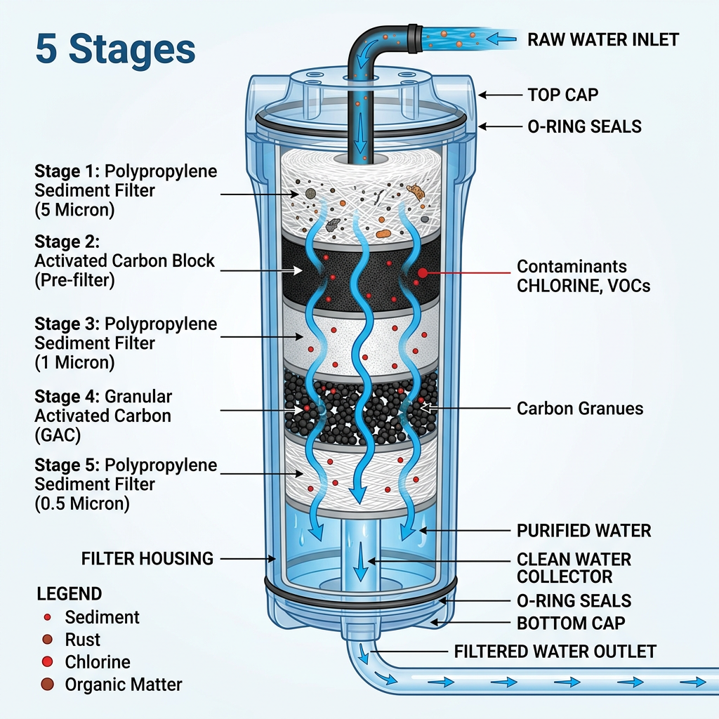 A cross-section diagram of a multi-stage water filter showing different layers of carbon and sediment membranes with blue water flowing through them.