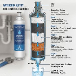 A cross-section illustration of the multi-stage filtration layers inside a Waterdrop under sink filt
