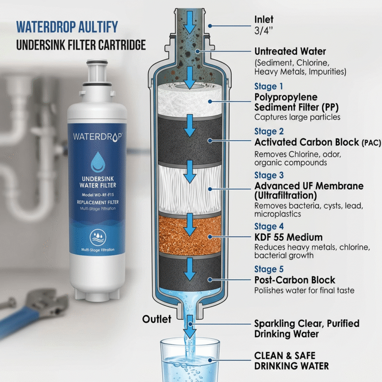 A cross-section illustration of the multi-stage filtration layers inside a Waterdrop under sink filt