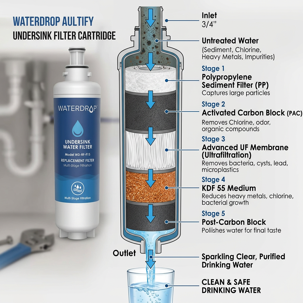 A cross-section illustration of the multi-stage filtration layers inside a Waterdrop under sink filter cartridge, showing water becoming clearer as it passes through.