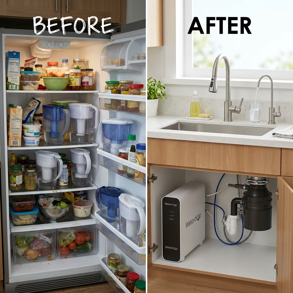 A split-screen image: on the left, a cluttered fridge with multiple water pitchers; on the right, a clean, organized kitchen with a single dedicated faucet for the Waterdrop under sink filter.