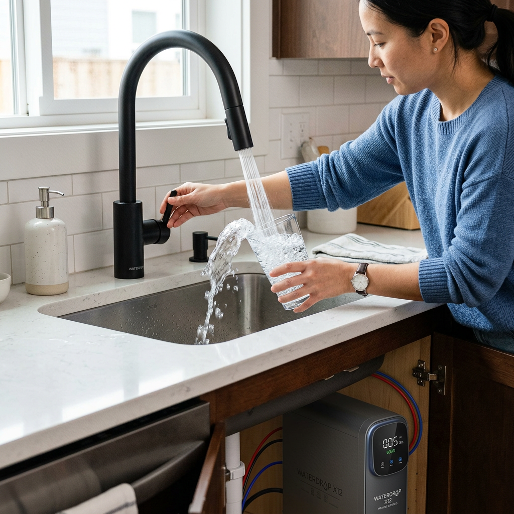 A person filling a glass with sparkling clear water from a high-end faucet connected to a Waterdrop under sink filter, showcasing the fast flow rate.