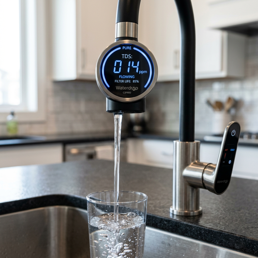Detailed close-up of a smart digital faucet showing a low TDS reading, with water flowing smoothly, highlighting the high-tech nature of the Waterdrop G3P800.