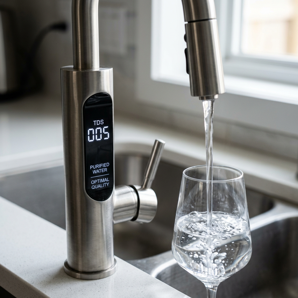 Close-up of a smart faucet showing a digital TDS reading of 005, with clear water flowing, emphasizing high-tech water purification.