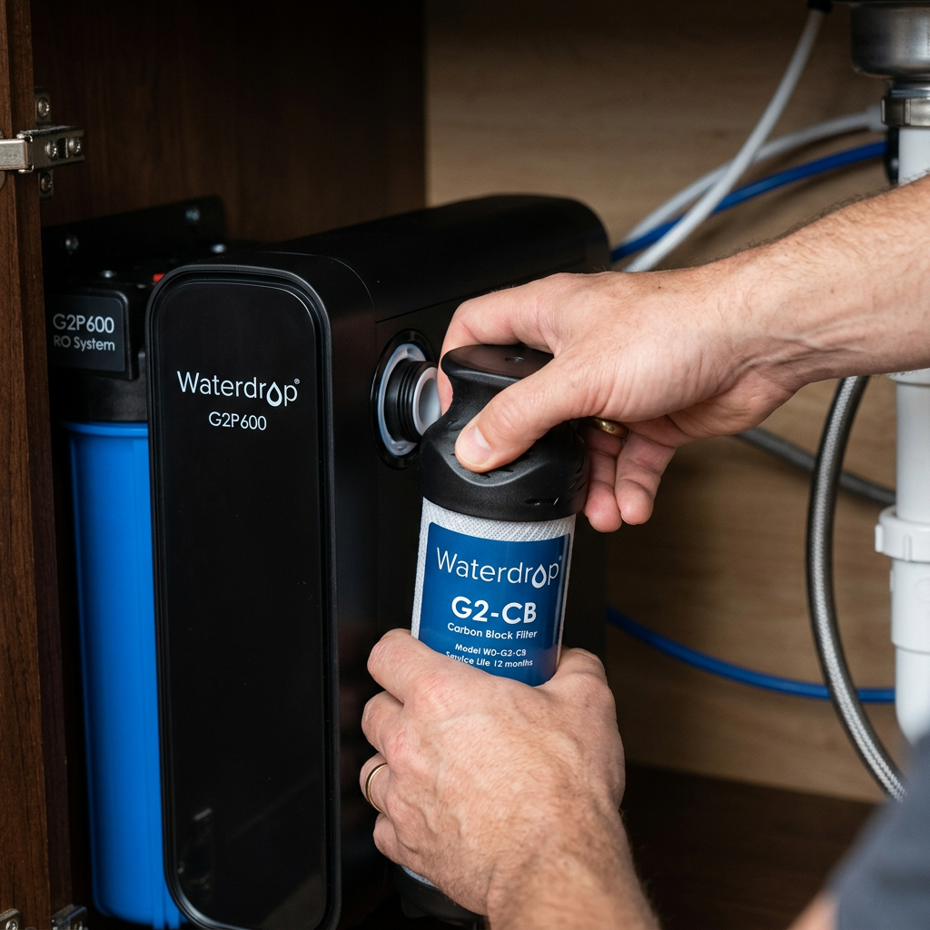 Close-up of a hand easily twisting a filter into a Waterdrop G2P600 unit, highlighting the user-friendly design and compact size.