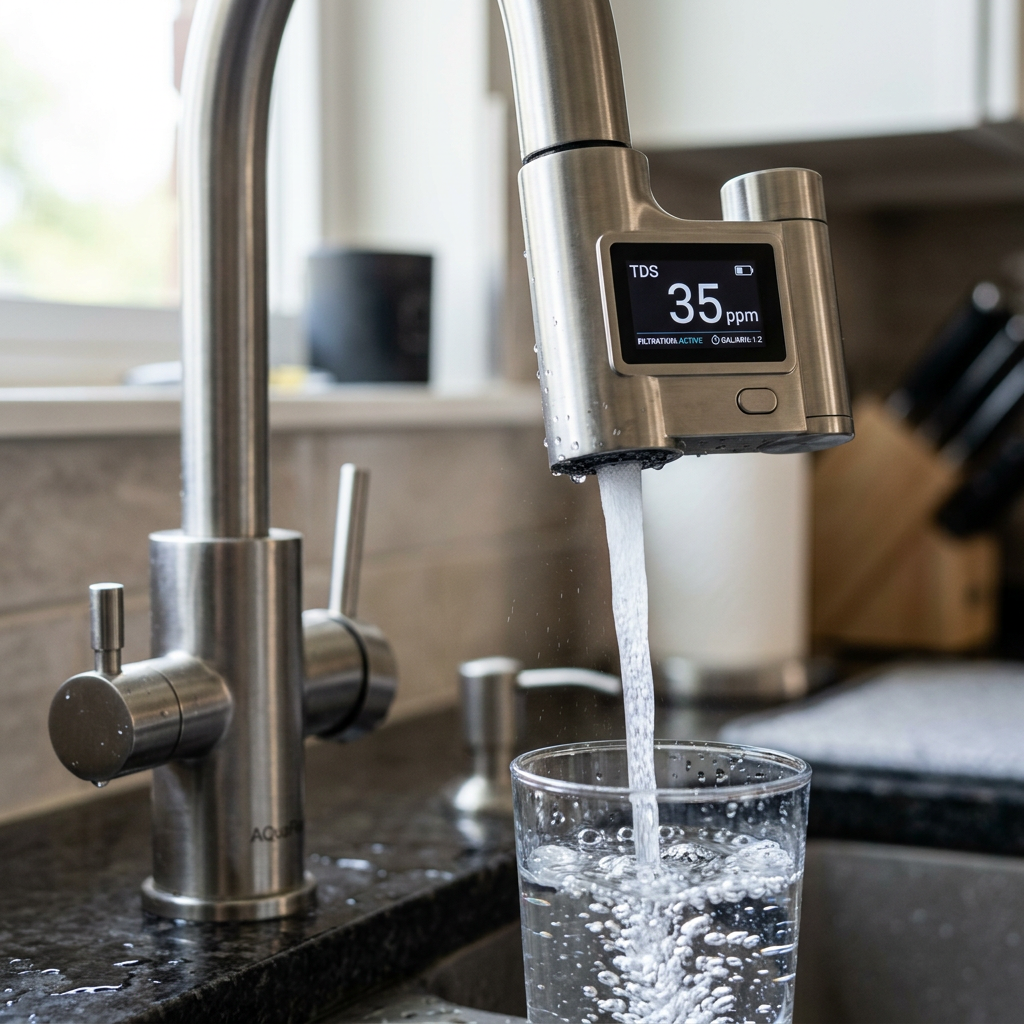 Close-up of a smart faucet showing a digital TDS reading, clear water flowing, professional lighting, macro shot