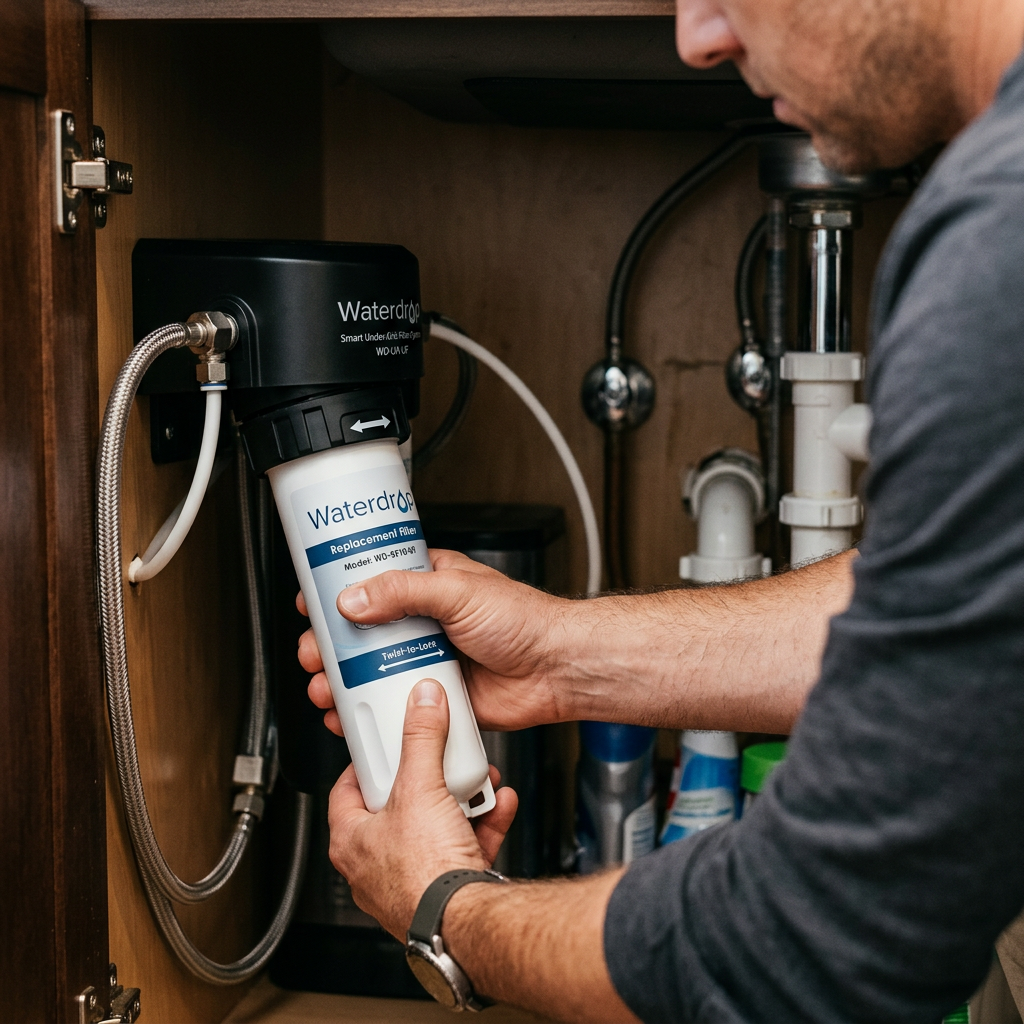 A close-up of a person easily twisting a replacement cartridge into a Waterdrop under sink filter housing, demonstrating the easy maintenance.