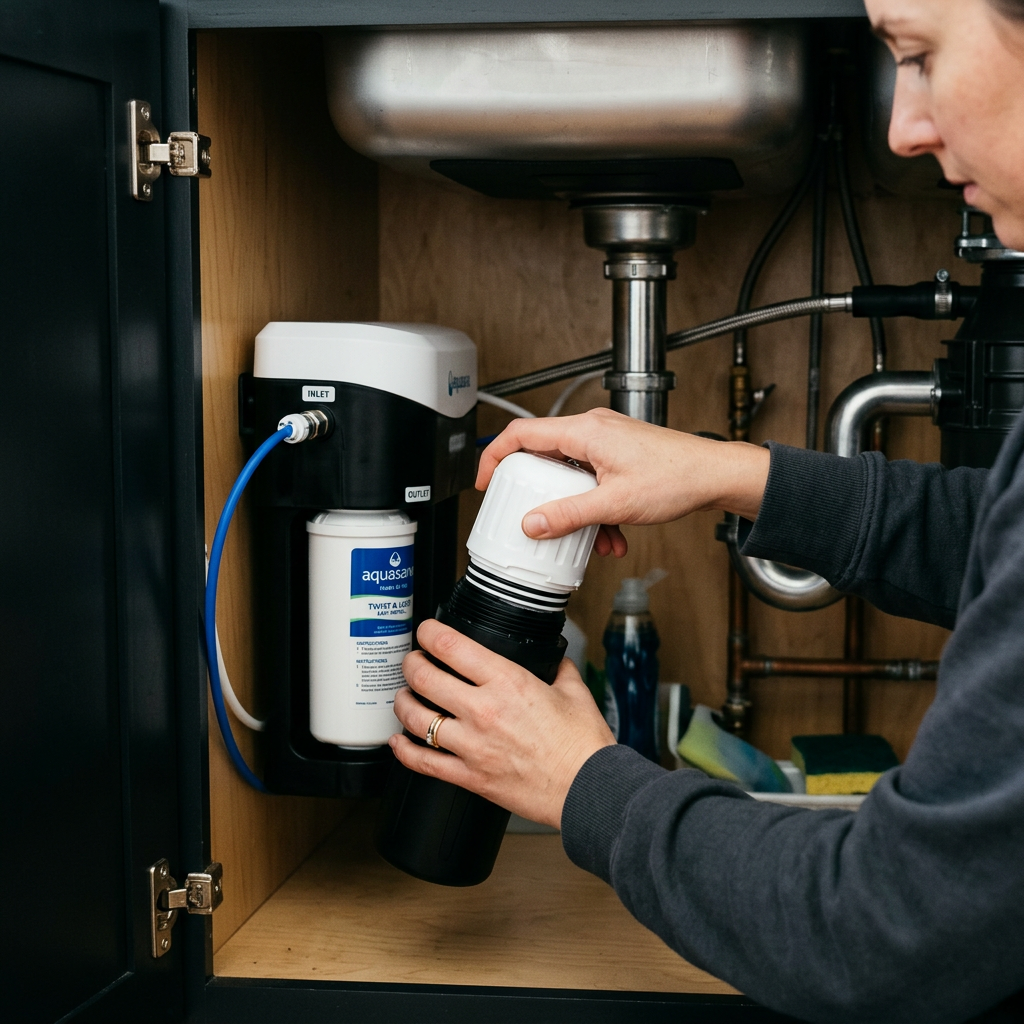 A person's hands easily twisting a white cylindrical filter into a compact black and white unit under a kitchen sink, demonstrating ease of use.