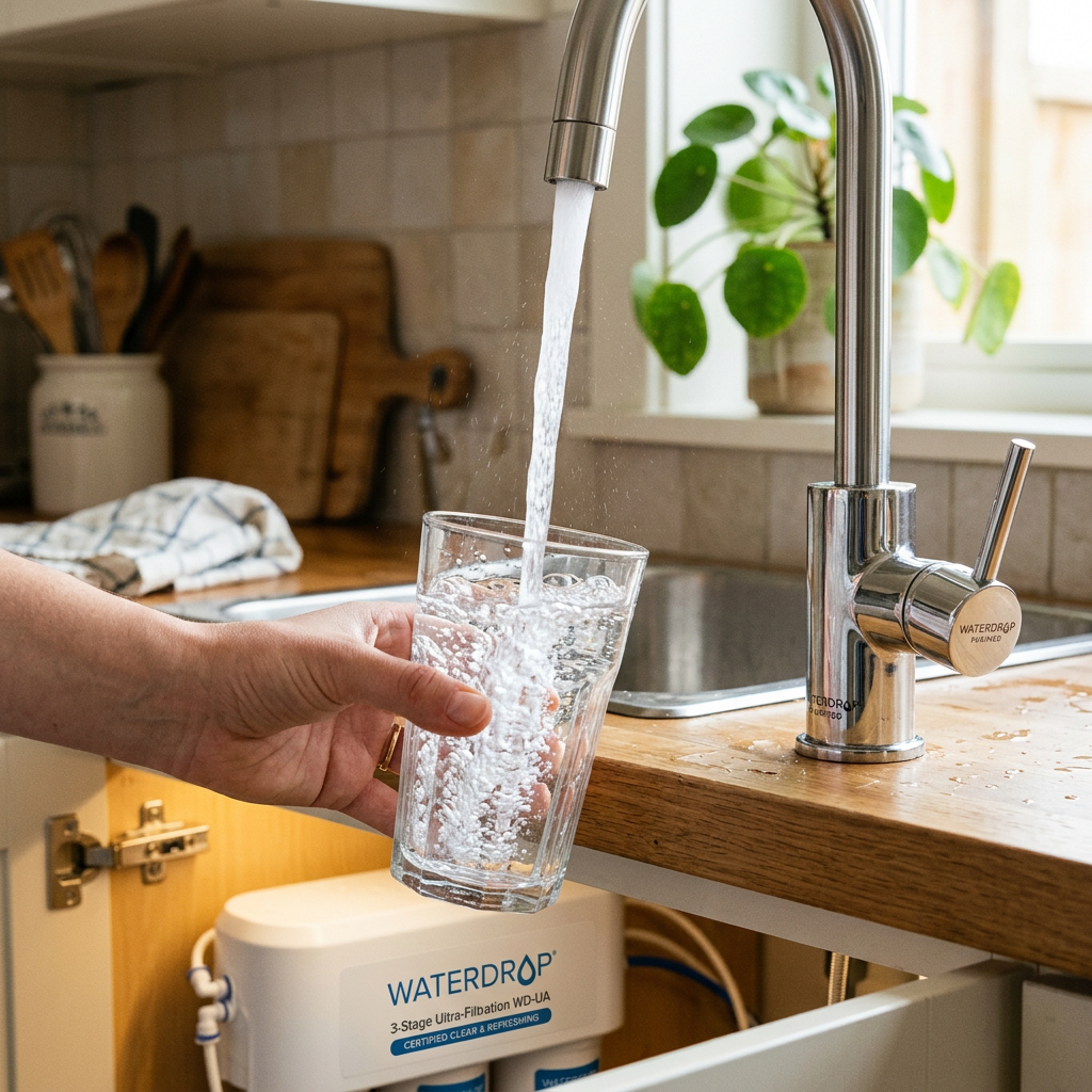 A refreshing glass of water being filled from a high-quality kitchen faucet, highlighting the crystal clarity provided by a waterdrop under sink filter.