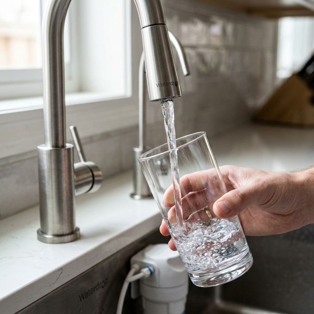 A close-up shot of crystal clear water being poured into a high-end glass from a stainless steel faucet connected to a Waterdrop under sink filter.