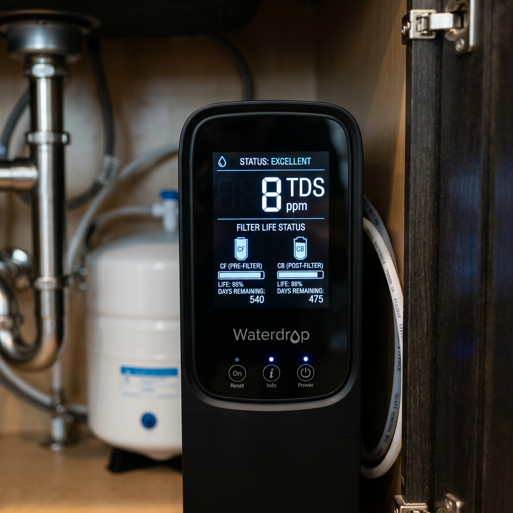 A close-up of the easy-to-read LED display on a Waterdrop under sink filter unit showing real-time water quality and filter life status.