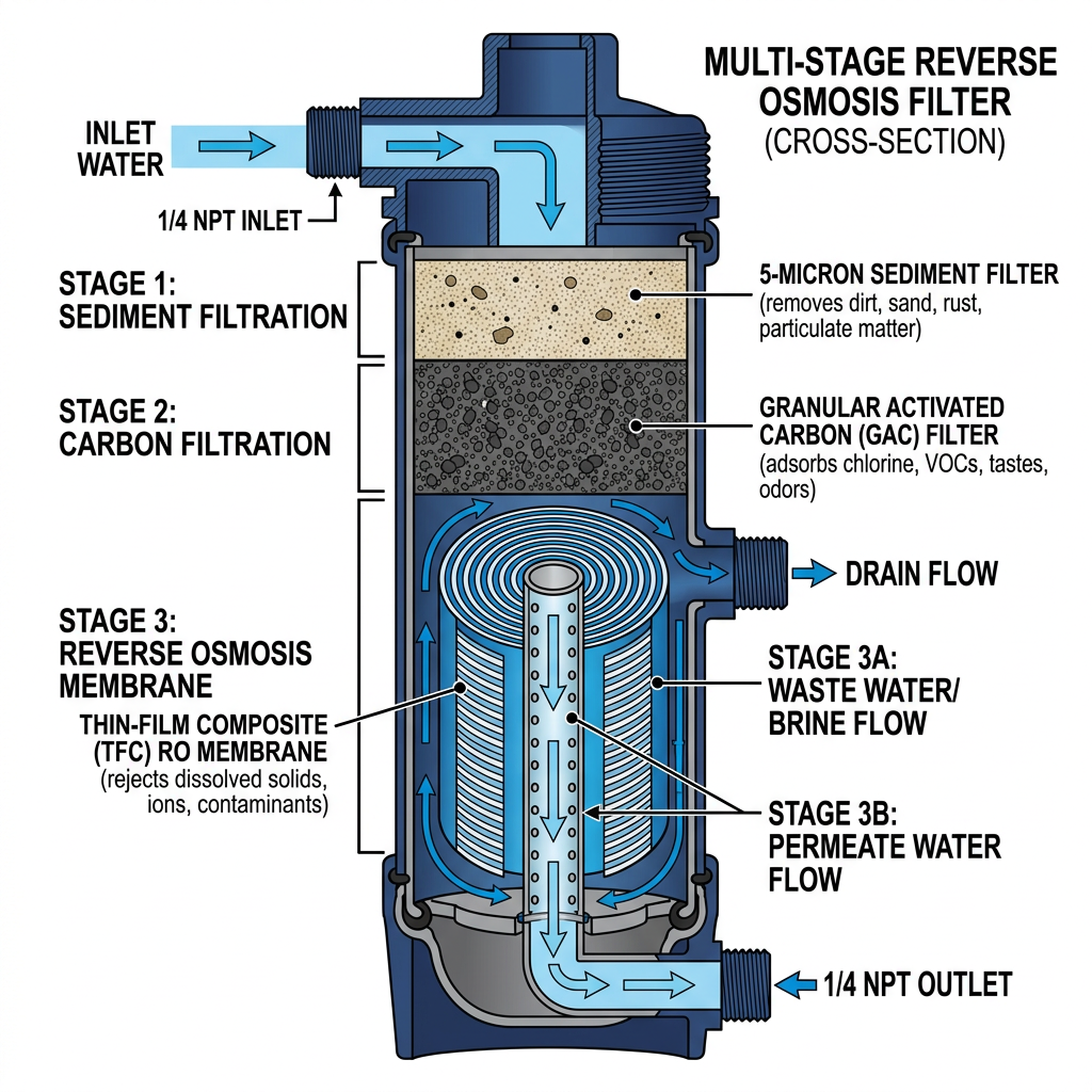 A cross-section diagram of a multi-stage reverse osmosis filter showing layers of carbon, RO membrane, and sediment filtration.