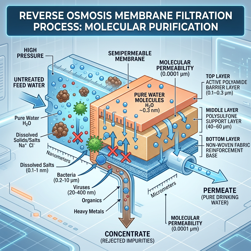 Infographic style image showing the layers of an RO filter membrane trapping contaminants while letting pure water molecules pass through, clean and scientific aesthetic