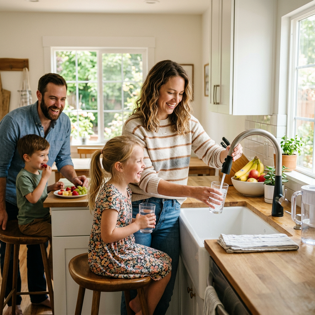 A happy family in a bright kitchen, a mother pouring a glass of water for her child from a stylish faucet, with a sense of health and well-being.