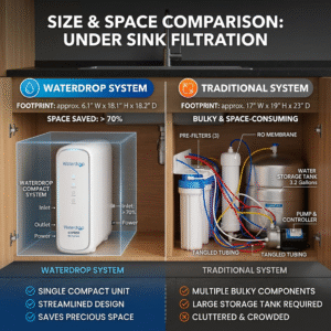 A comparative infographic showing the compact size of a Waterdrop under sink filter versus a bulky t