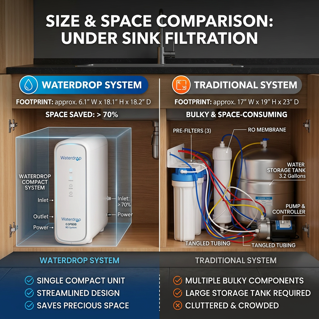 A comparative infographic showing the compact size of a Waterdrop under sink filter versus a bulky traditional multi-tank system.