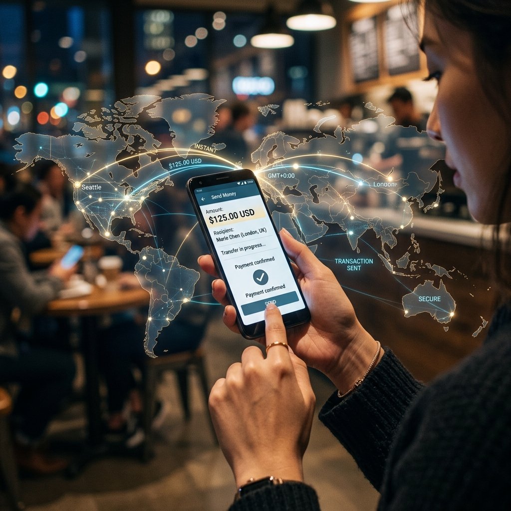 A high-quality, cinematic close-up of a person using a smartphone to send money, with a subtle global map overlay and glowing data lines representing fast transfers.