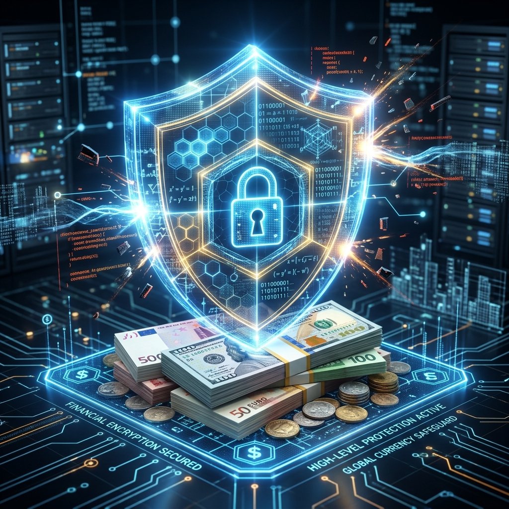 A conceptual 3D render of a digital shield protecting a stack of diverse international currencies, symbolizing high-level financial security and encryption.