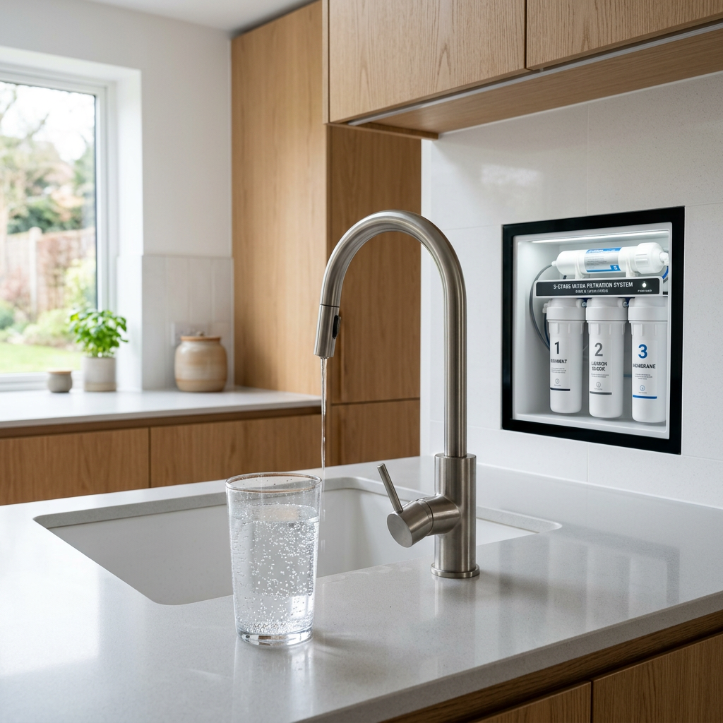 A modern, minimalist kitchen with a focus on a sleek faucet and a glass of sparkling clear water, 3-