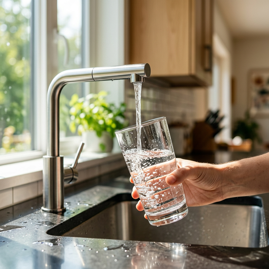 A cinematic hero shot of a modern kitchen with a focus on a glass of water being filled from a sleek
