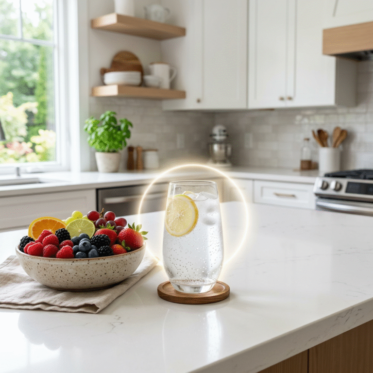 A high-quality hero image of a clean, bright kitchen island with a glass of sparkling alkaline water