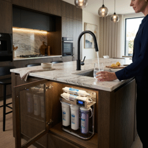 A professional wide-shot of a high-end kitchen island featuring a modern faucet pouring water into a