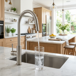 A professional wide-angle shot of a bright, luxury kitchen with a focus on a high-end faucet pouring