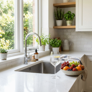 A beautiful, bright kitchen interior with a focus on a modern sink area where a glass of sparkling c