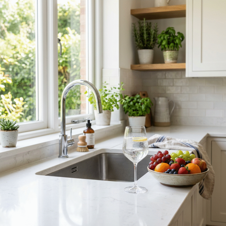 A beautiful, bright kitchen interior with a focus on a modern sink area where a glass of sparkling c
